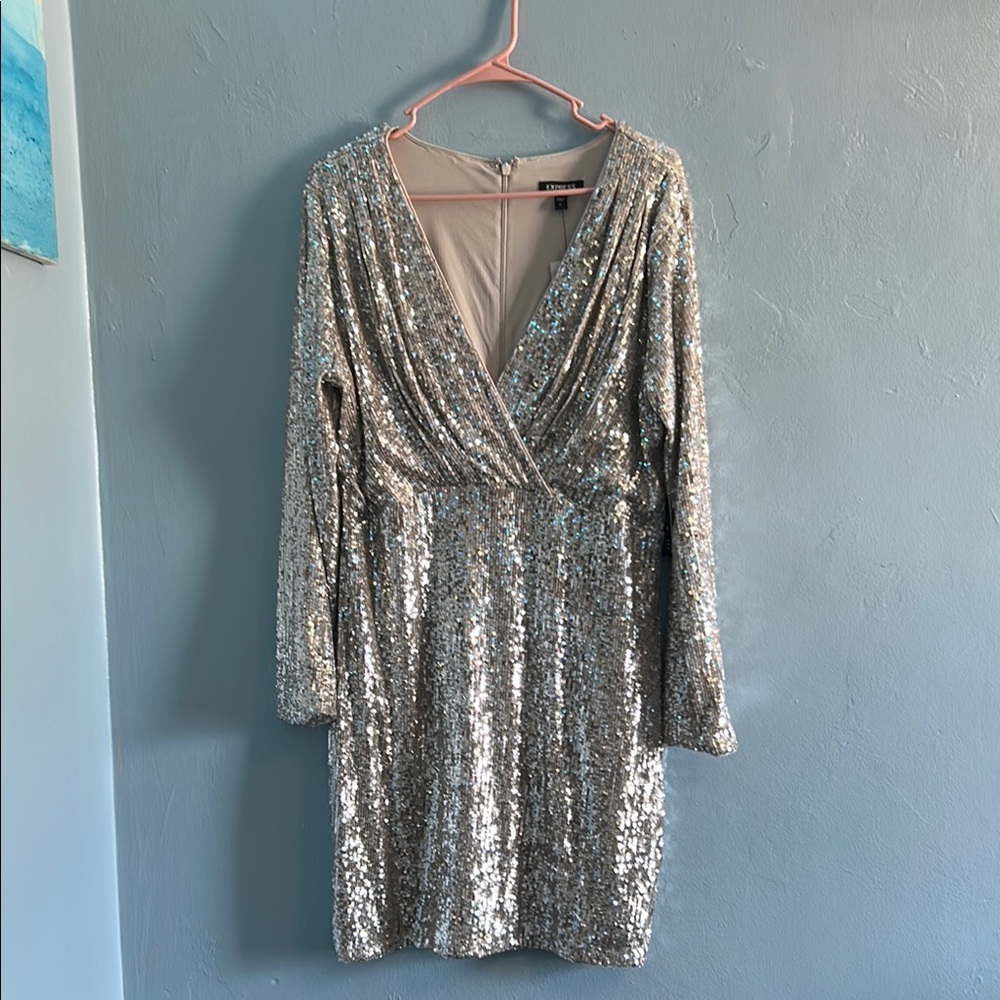 Express Gold Sequin Wrap Dress Long Sleeve
